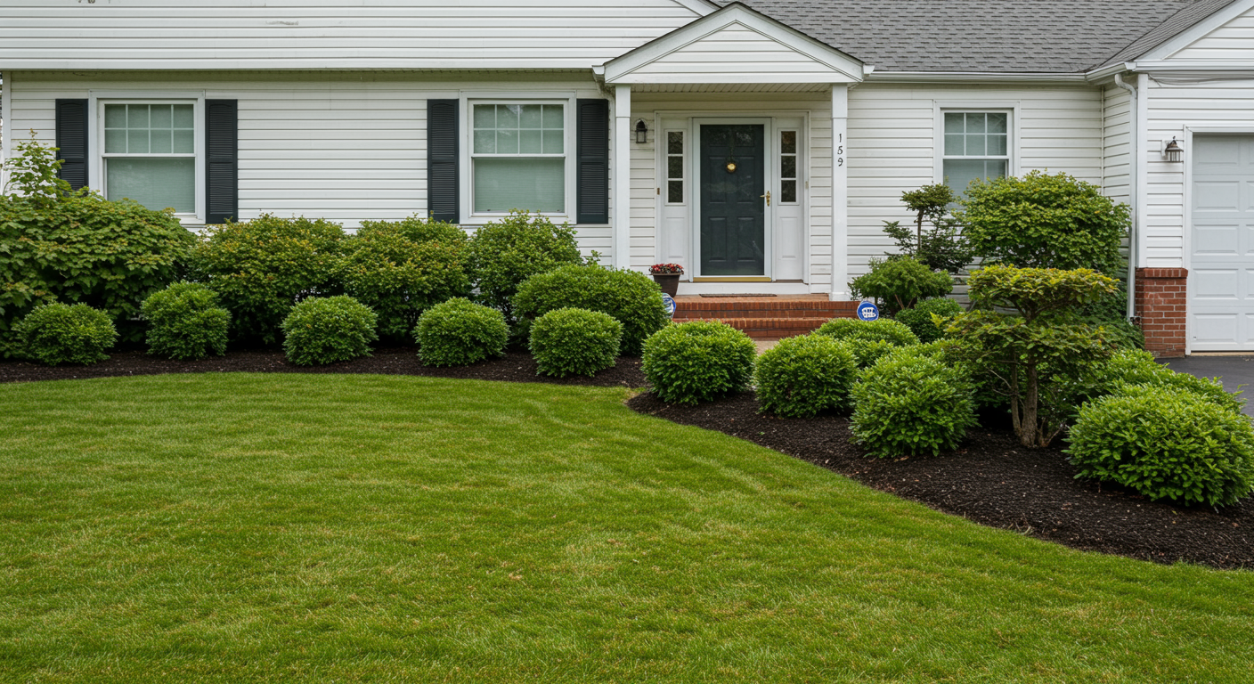 A white house with well-kept and trimmed plants and outside