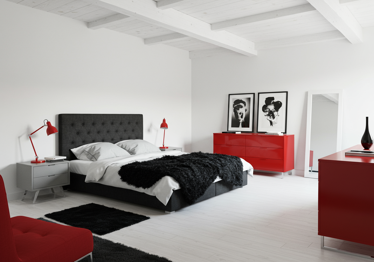 Modern condo bedroom with a charcoal bed, exposed white beams, red lamps and a bright red dresser.