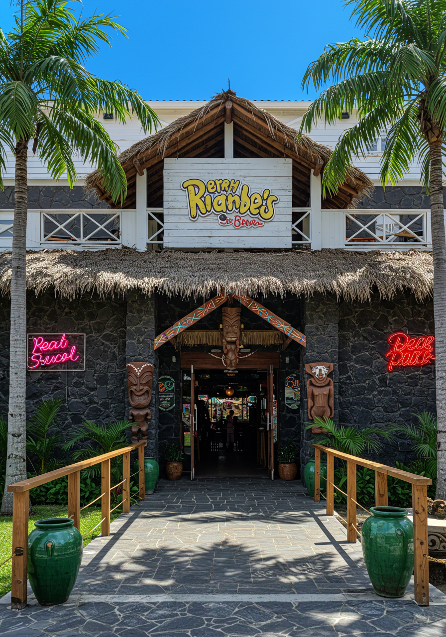 Entrance to Billy's At The Beach restaurant with tiki-themed decor and neon signs.