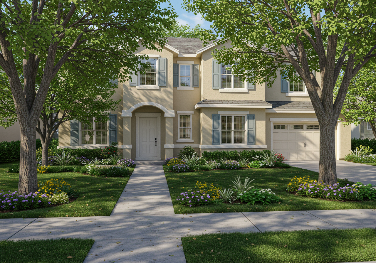 Home exterior in Woodbury with shutters and lush entry 