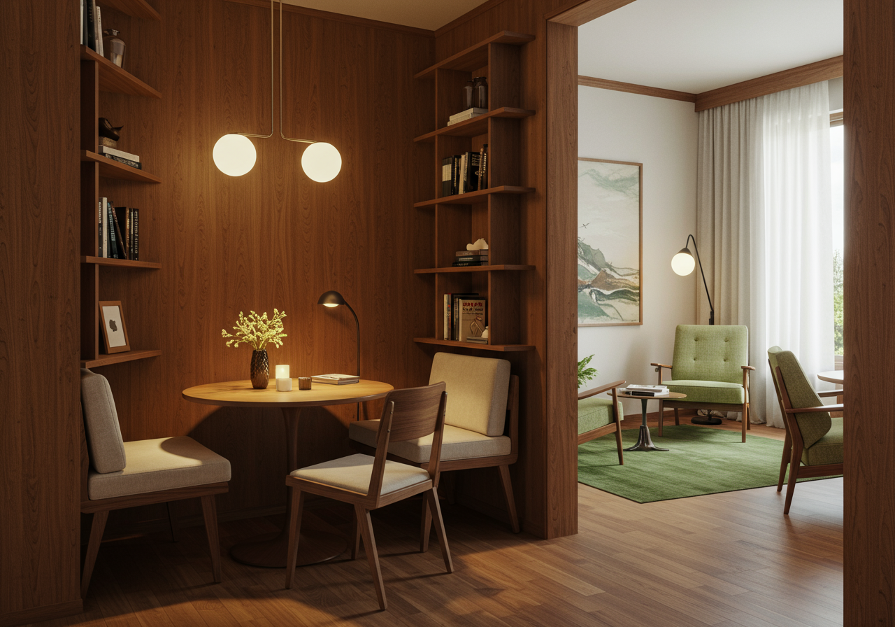 Image may contain Indoors Interior Design Chair Furniture Desk Table Wood Corner Home Decor Art and Painting