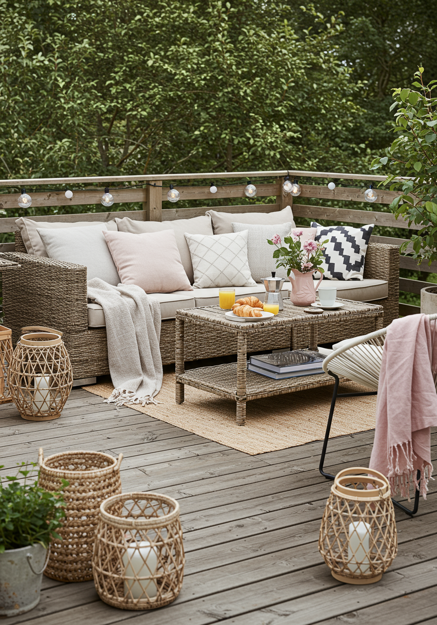 Deck lounge with wicker seating, woven lanterns, string lights, and greenery.