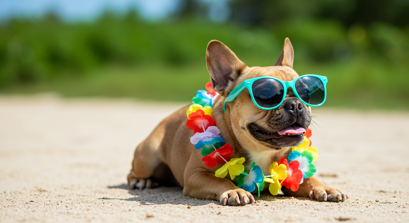 dog on beach wearing sunglasses and lei