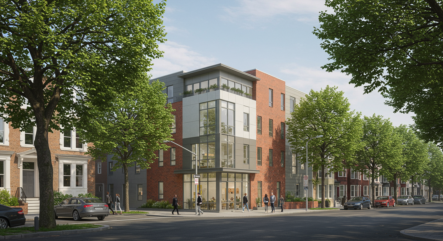 a large building with a sign on it