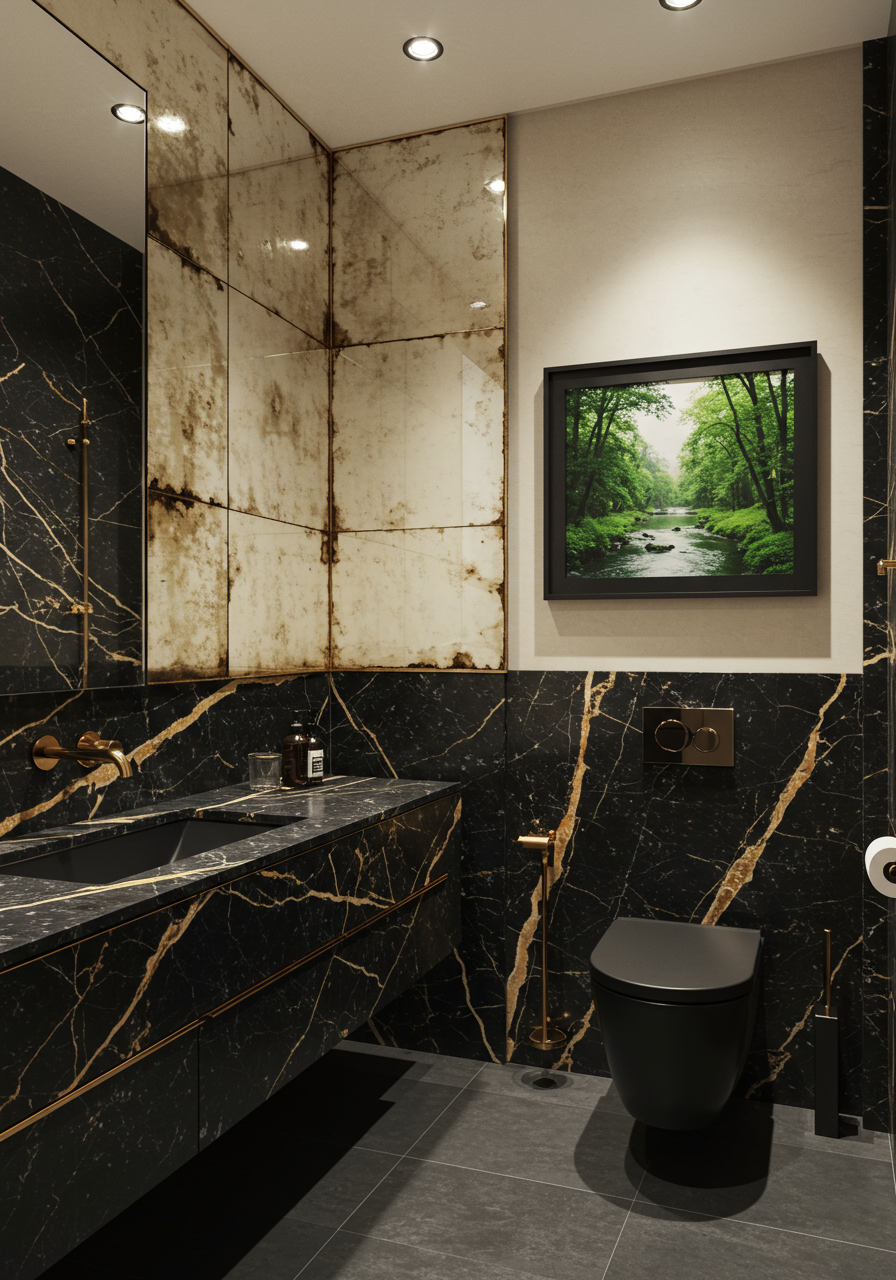 A bathroom with a black toilet with a brown lid. The bottom half of the walls and the sink are black with yellow streaks, and the top half has square mirrors and a photograph of nature.