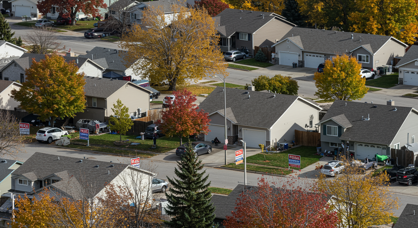 Aerial view of suburban homes and for-sale signs among colorful autumn trees.