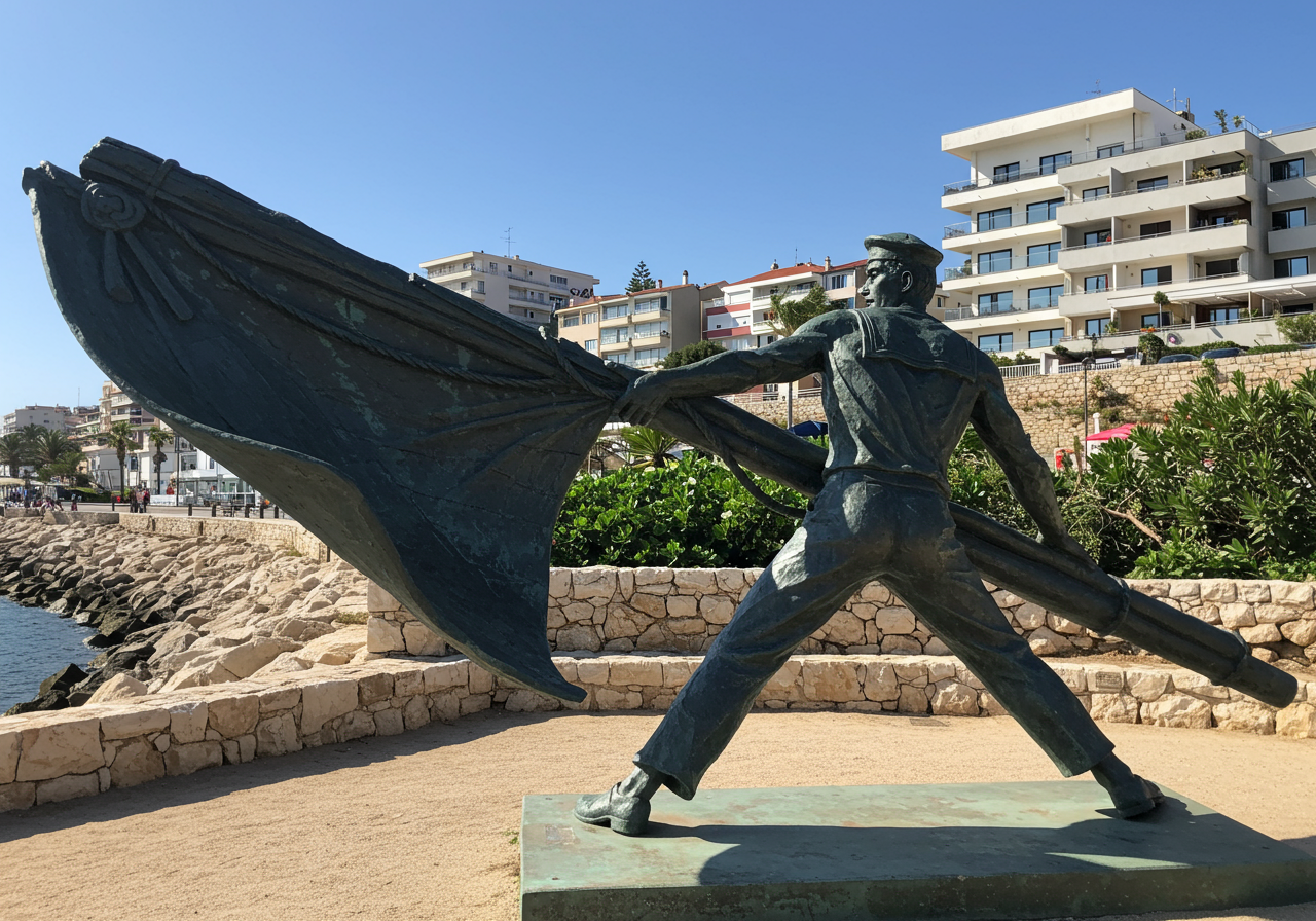 A life-style bronze statue depicts a "hide-drogher" tossing his cowhide. 