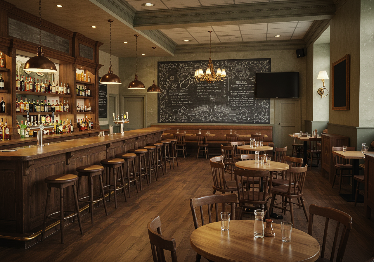 Restaurant interior with a long wooden bar, bottle shelves, and dining tables.