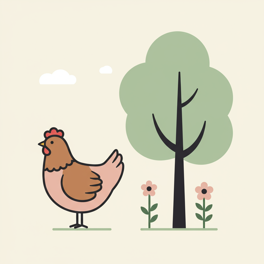 Cartoon hen beside a large green tree and two pink flowers.