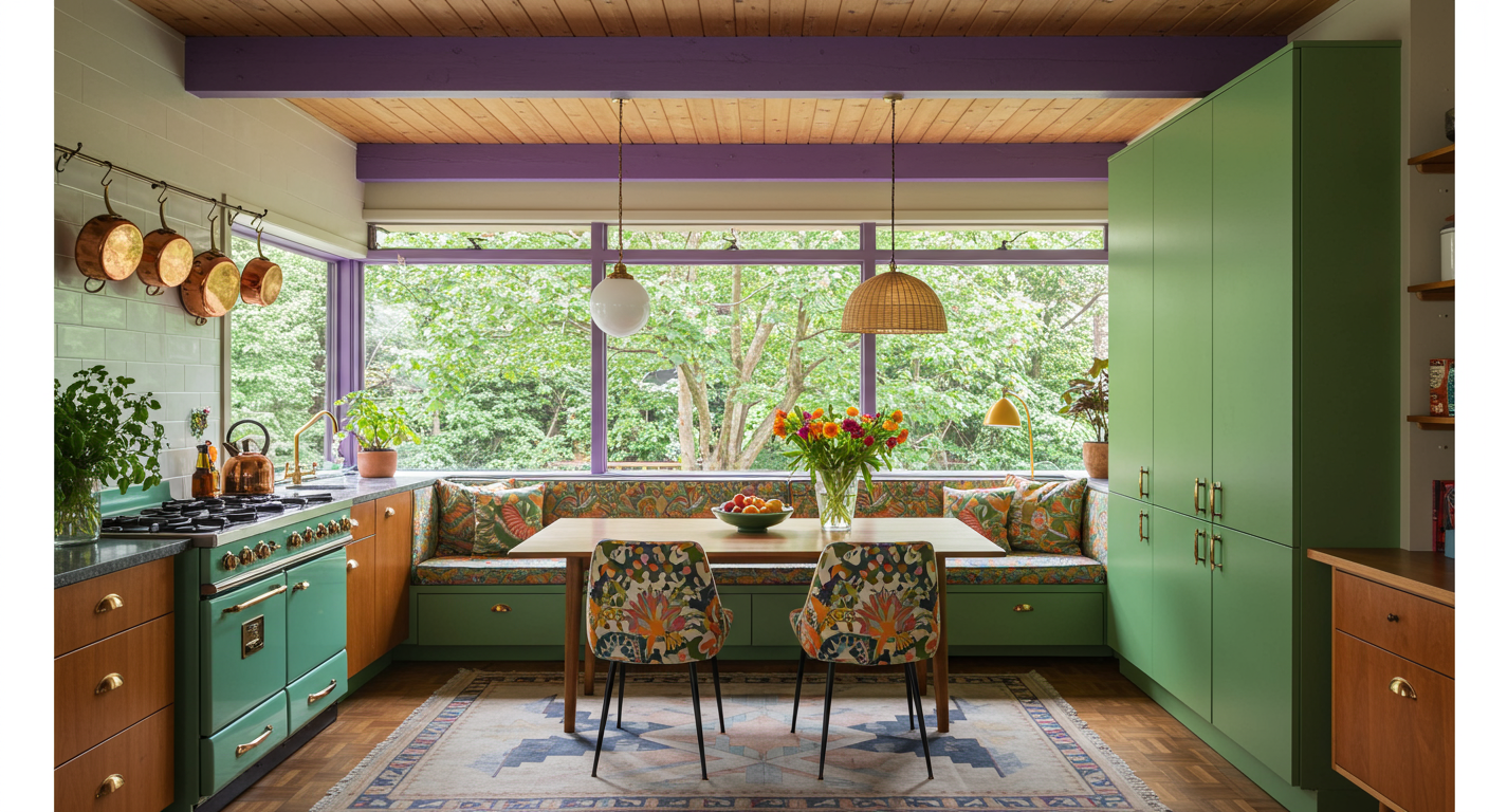 kitchen painted in jewel tones line purple and green, with a patterned built-in banquette