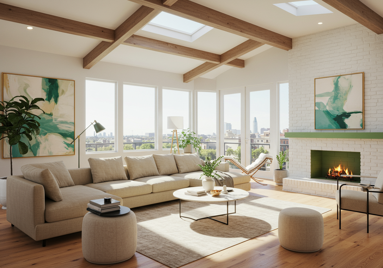 city and ocean views from large living room windows