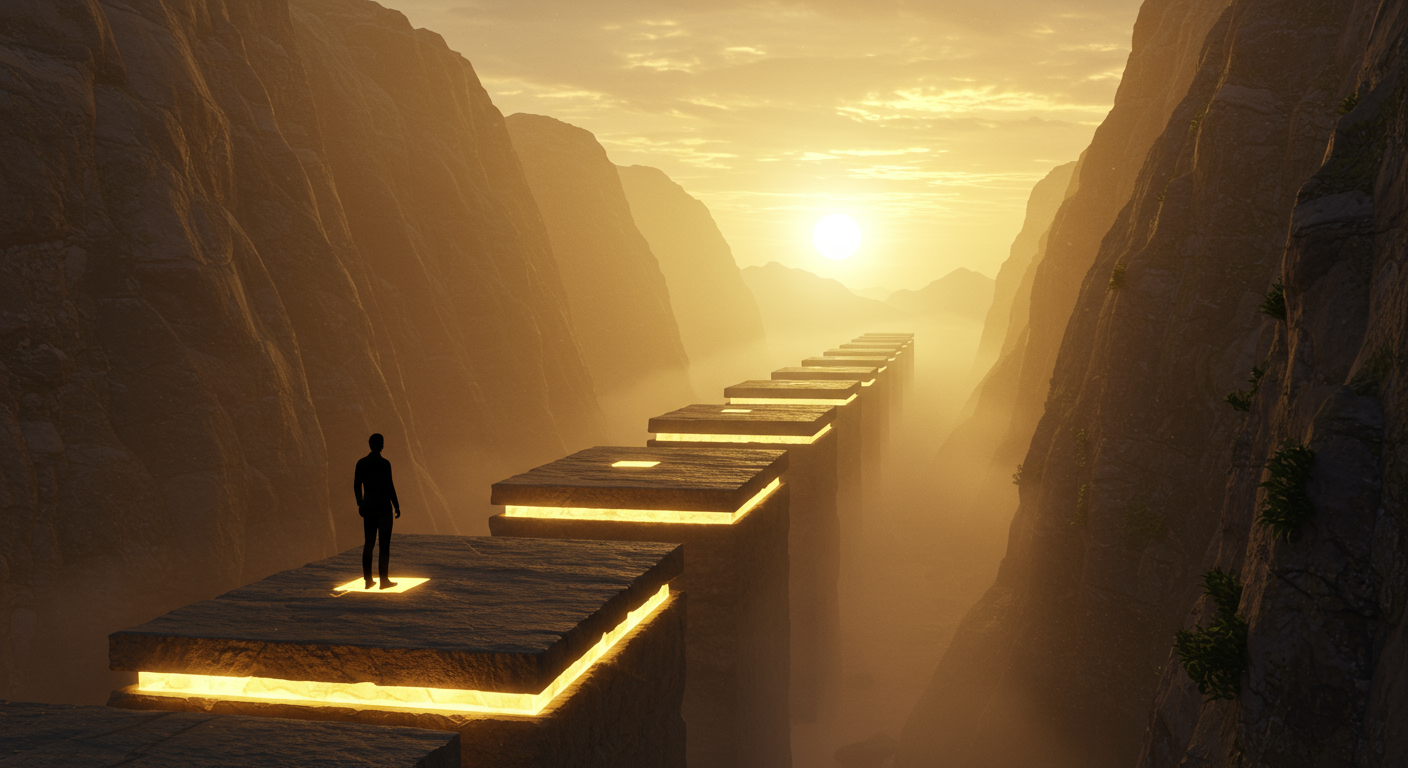 Illustration of a person setting stepping stones towards a goal, representing realistic and achievable goals aligned with growth mindset