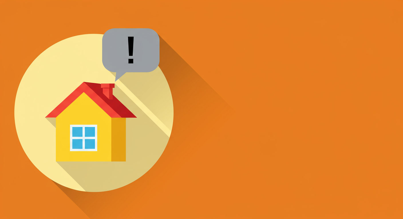 Illustration of a yellow house with a red roof beneath an exclamation-mark speech bubble.