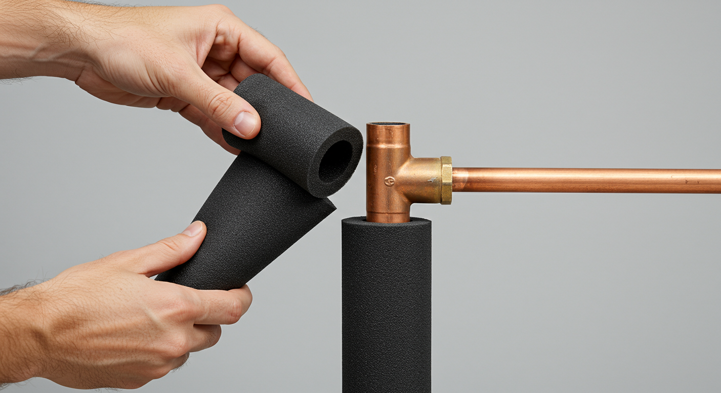 Someone adding tubular insulation to copper pipes.