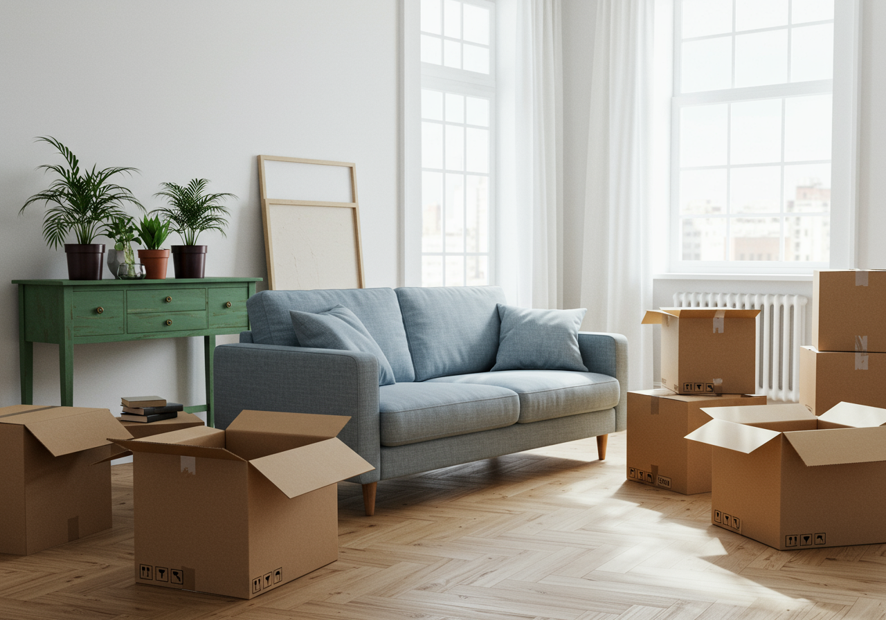 moving day concept, cardboard boxes in modern house