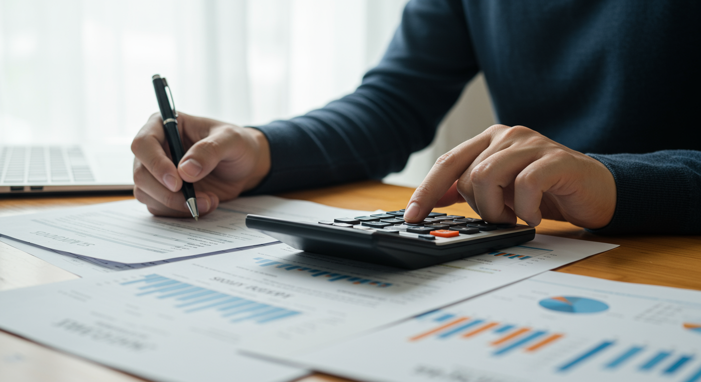 Person using a calculator while filling out financial documents on a desk.