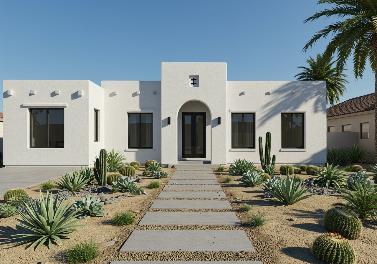 white home withe desert landscaping