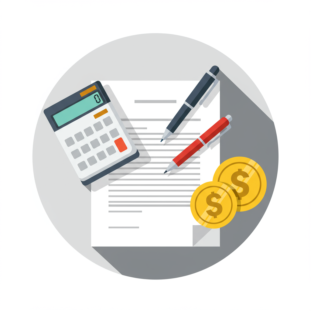 Calculator, pens and coins arranged around a document