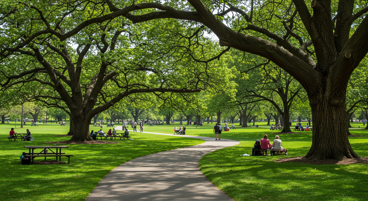 Mililani's parks and recreational areas, with families enjoying picnics, playing sports, or simply lounging in the shade. 