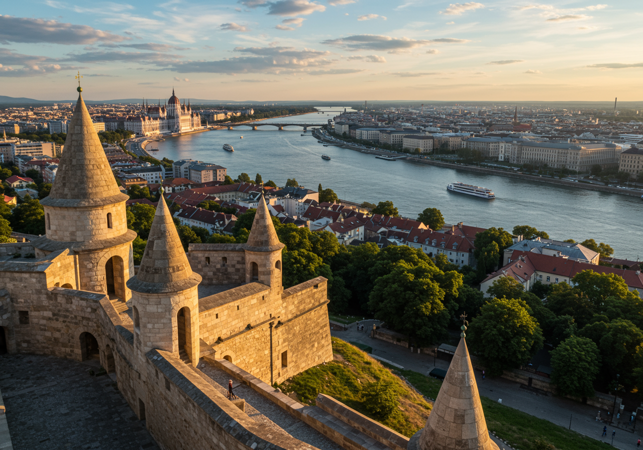 Budapest, Hungary - The main tower of the famous Fisherman's Bastion (Halaszbastya) from above