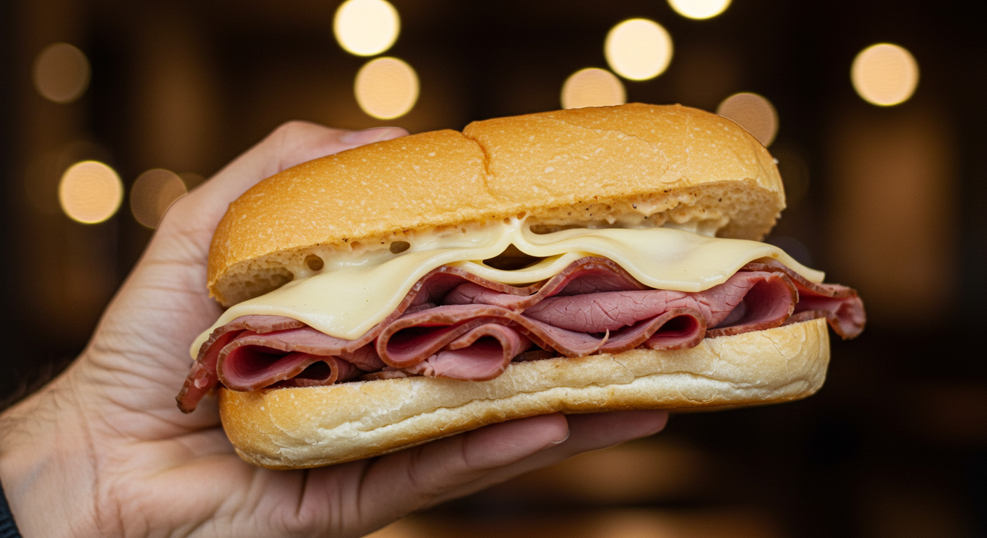 A hand holds up a bisected-sandwich.