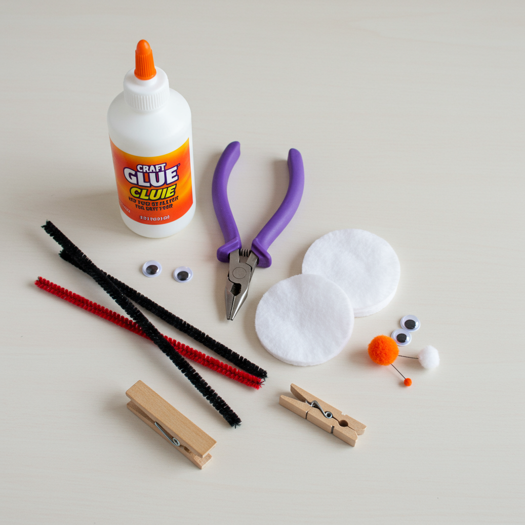 Supplies for making clothespin snowman with top hat