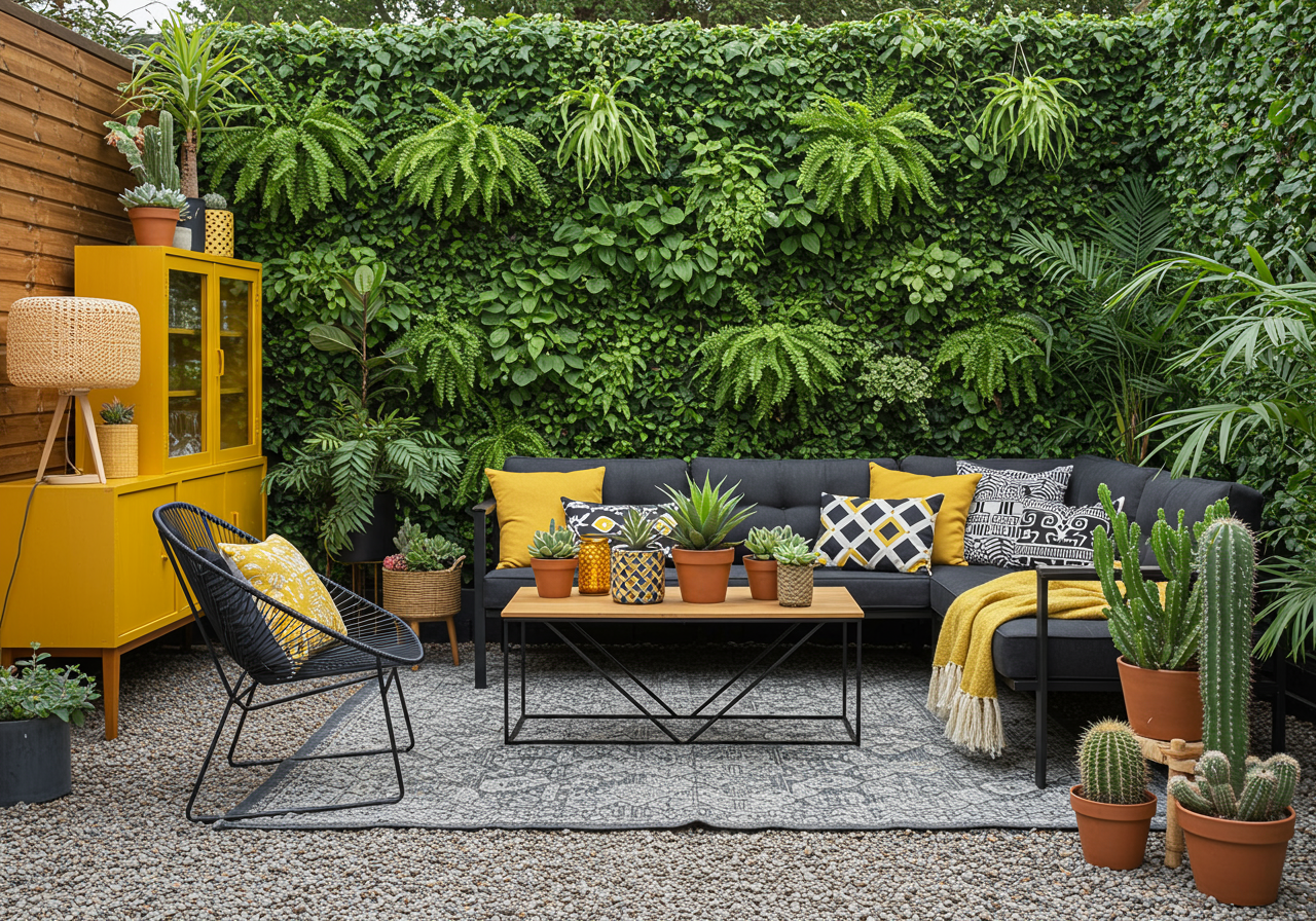 private modern patio tropical plants rock black furniture