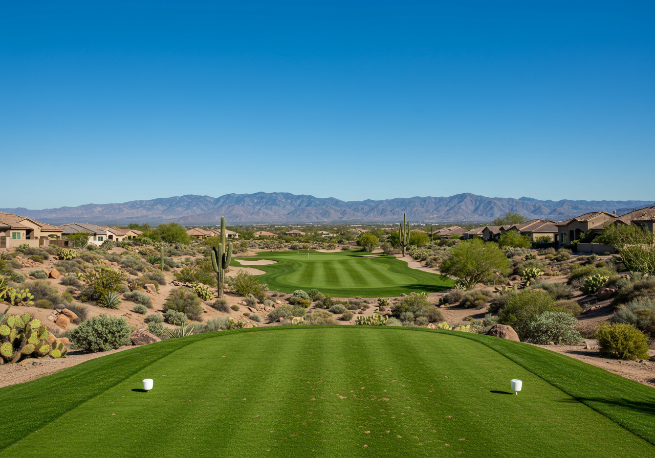 Golf course fairway bordered by desert homes, with mountains in the distance.