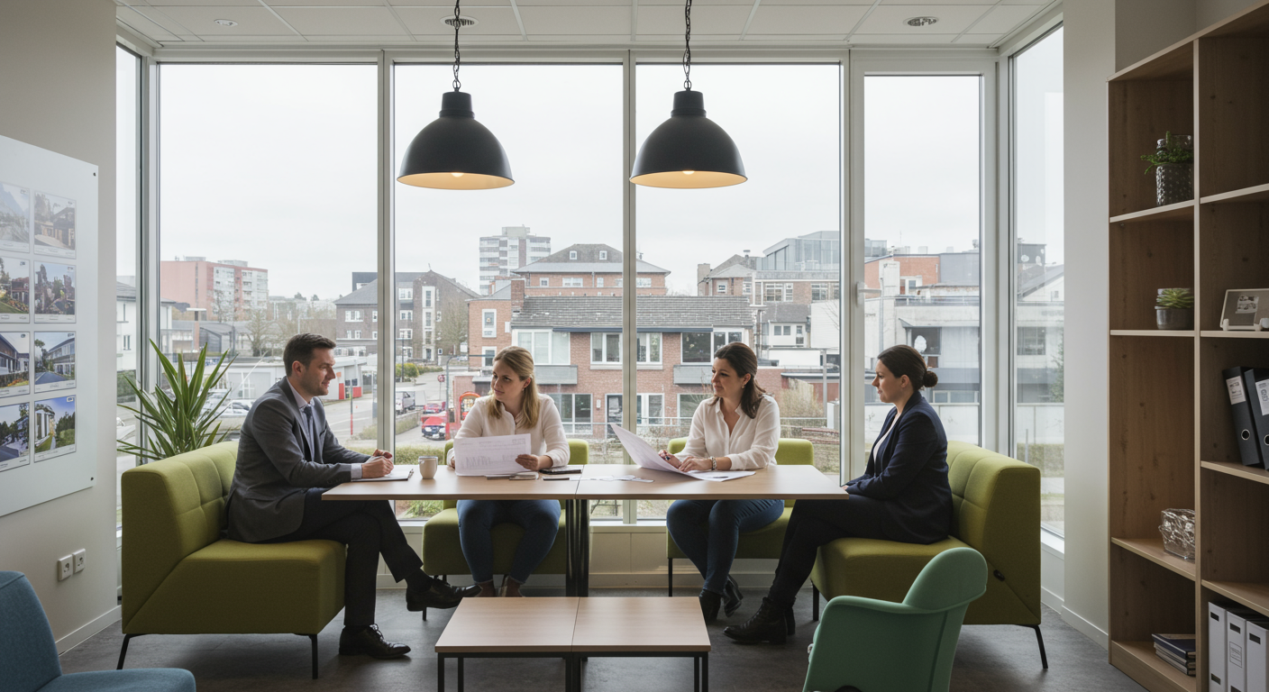 Four adults review papers around a table in a bright office lounge overlooking city buildings.