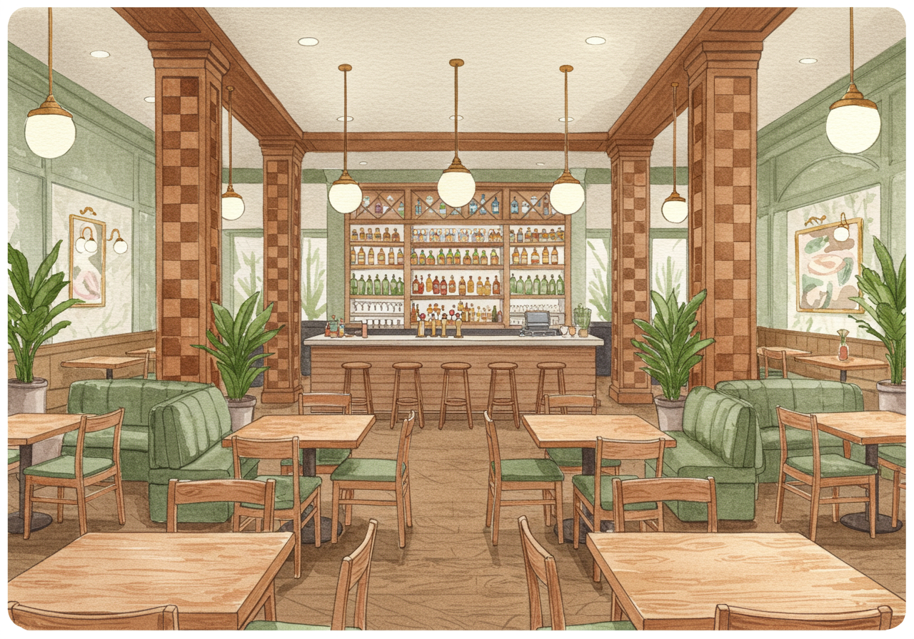 A rendering for Caldo Verde, a colorful Portuguese-leaning restaurant with lots of plants.