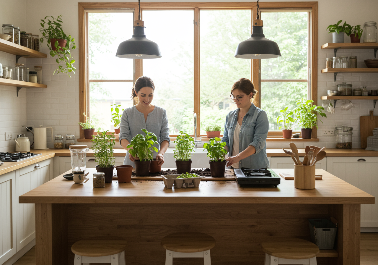 A young man and a woman take care of their kitchen herbs and houseplants.