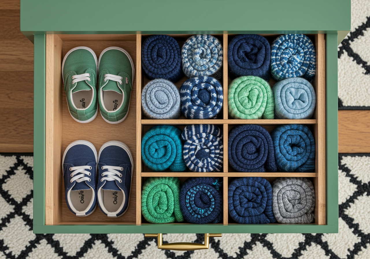 above view drawer organized shoes hats