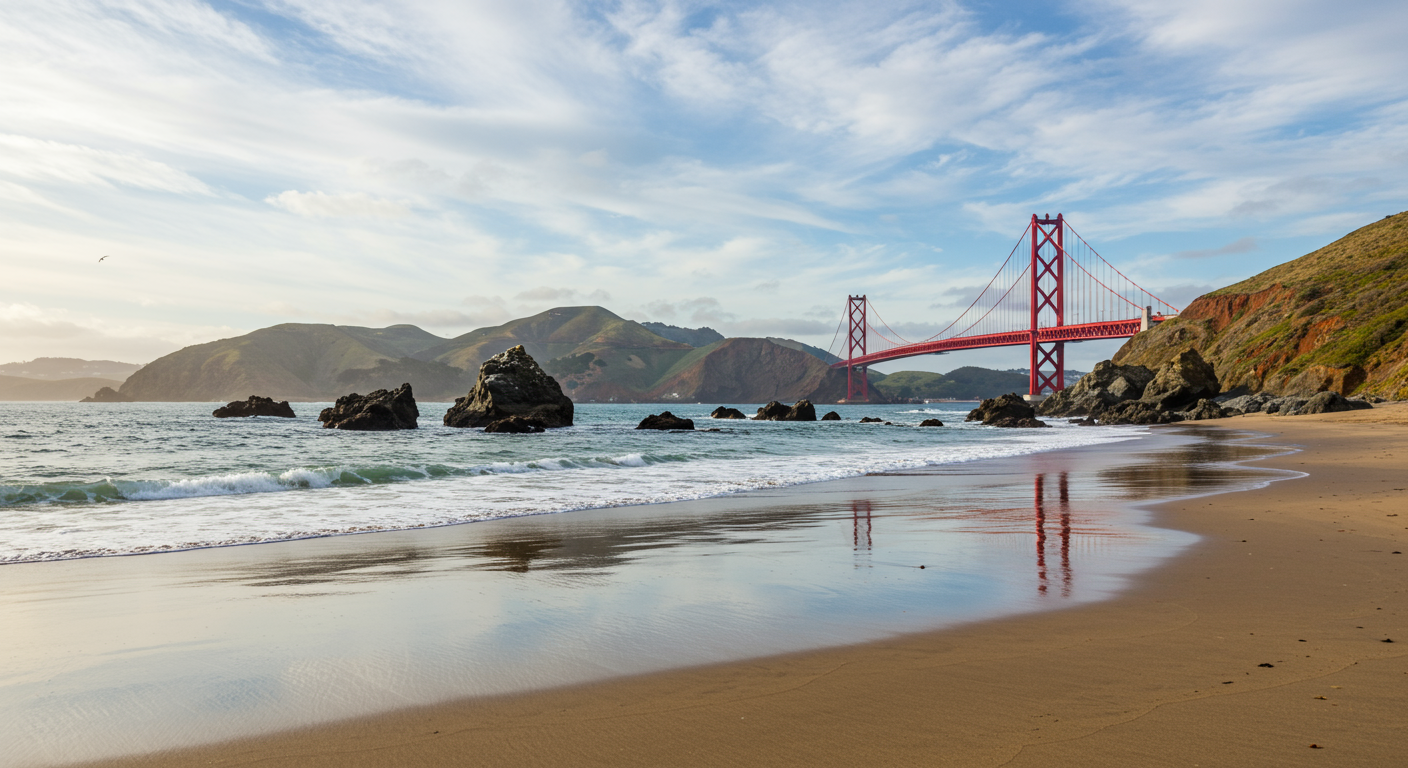 San Francisco Golden Gate Bridge viewed from Baker Beach with the Pacific Ocean surf and waves crashing on rocks