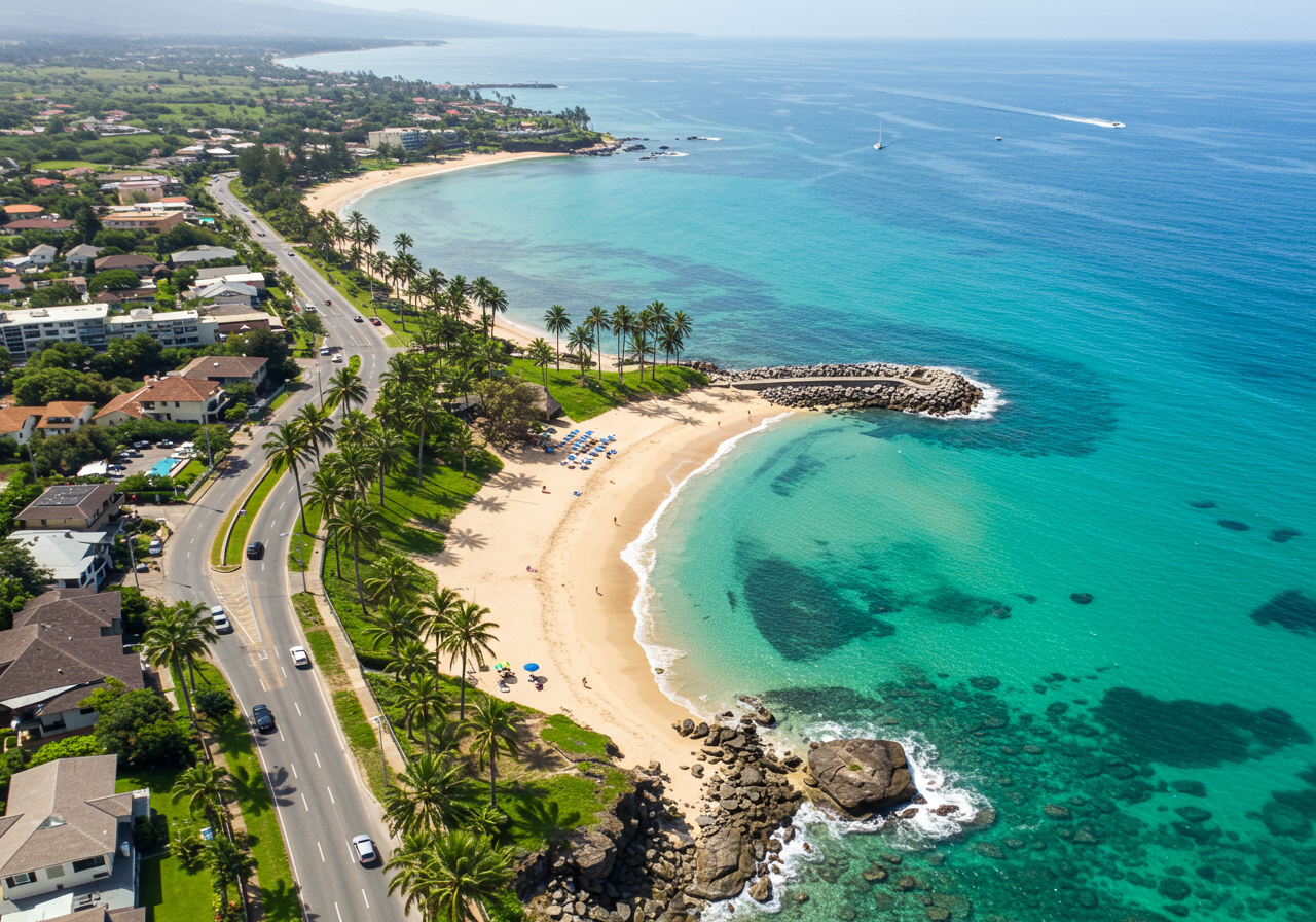 aerial view of Kailua-Kona beach, with cars, people, and buildings surrounding it