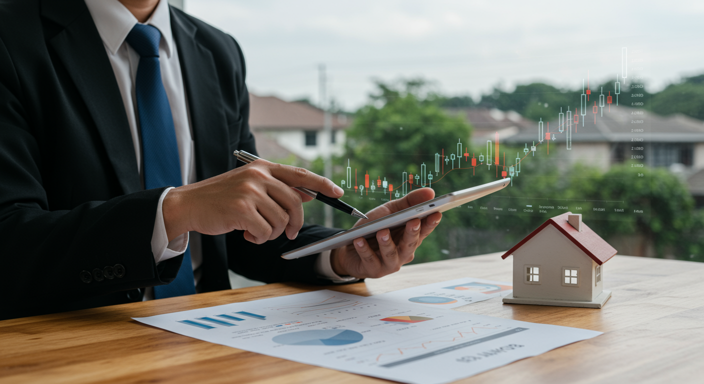 A suited person reviews rising market charts on a tablet beside reports and a small house model.