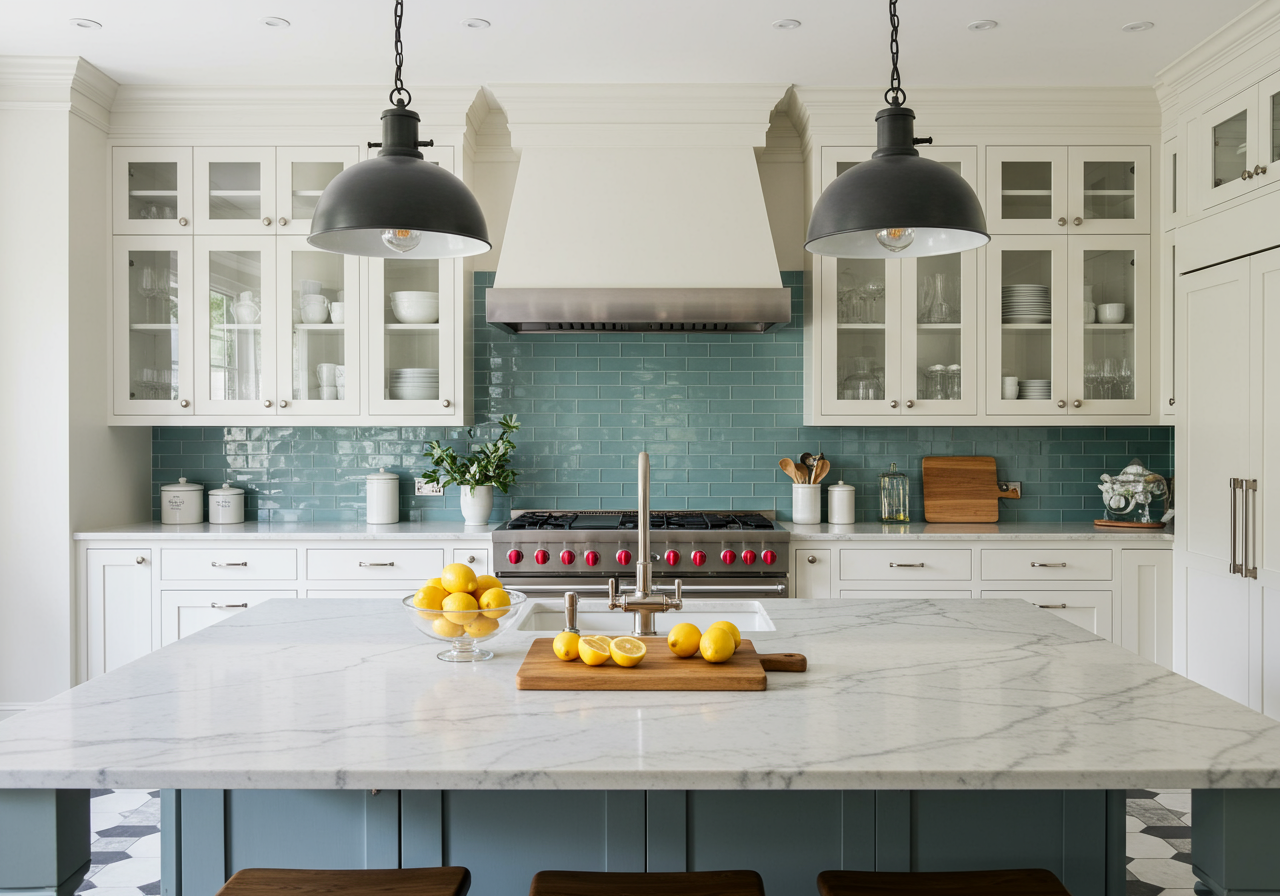 This expanded Manhattan kitchen by Valerie Schweitzer Architects melds oldworld details like marble flooring and leaded...