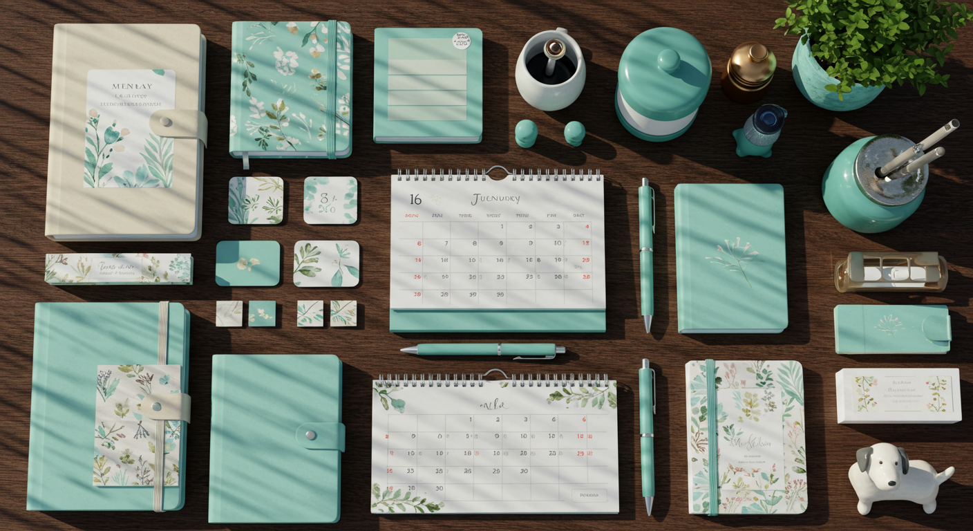 This desk features notepad paper and a dog figurine. 