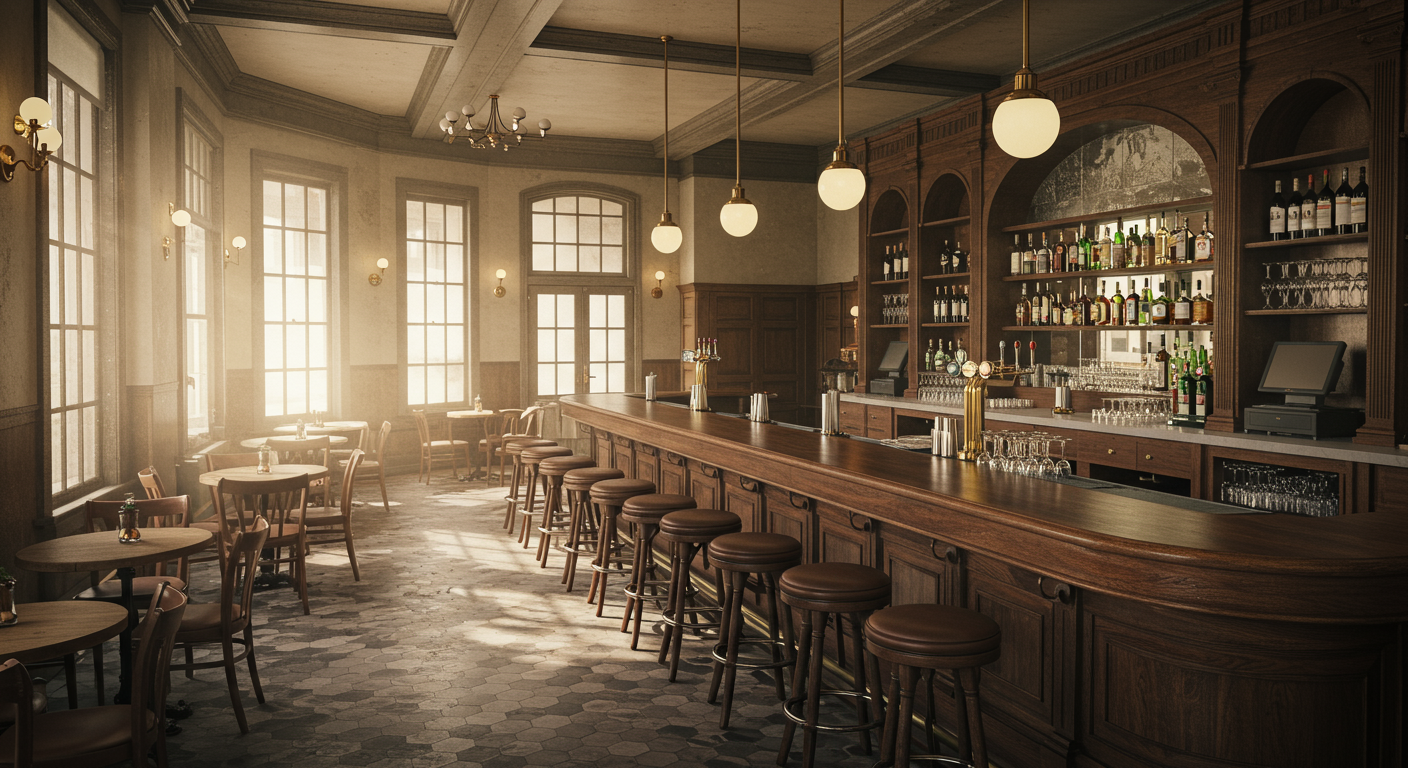 Interior view of the Buena Vista Cafe in Russian Hill, featuring round wooden tables with chairs, a long bar counter with stools, and a variety of liquor bottles displayed against a mirrored backdrop. The cafe exudes an old-fashioned charm with its hexagonal tiled floor, warm lighting, and walls adorned with mirrors and framed artwork.