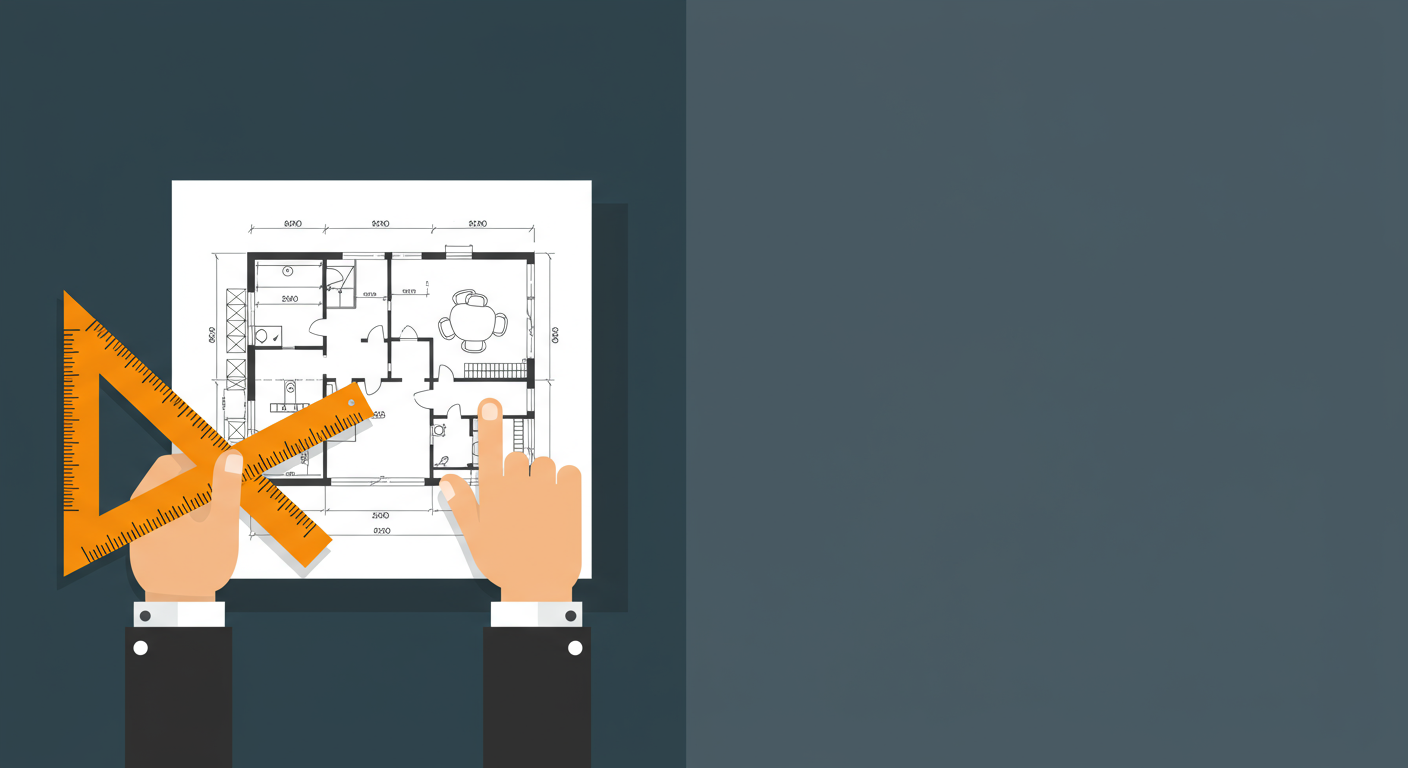 Hands measure a house floor plan with orange drafting rulers.