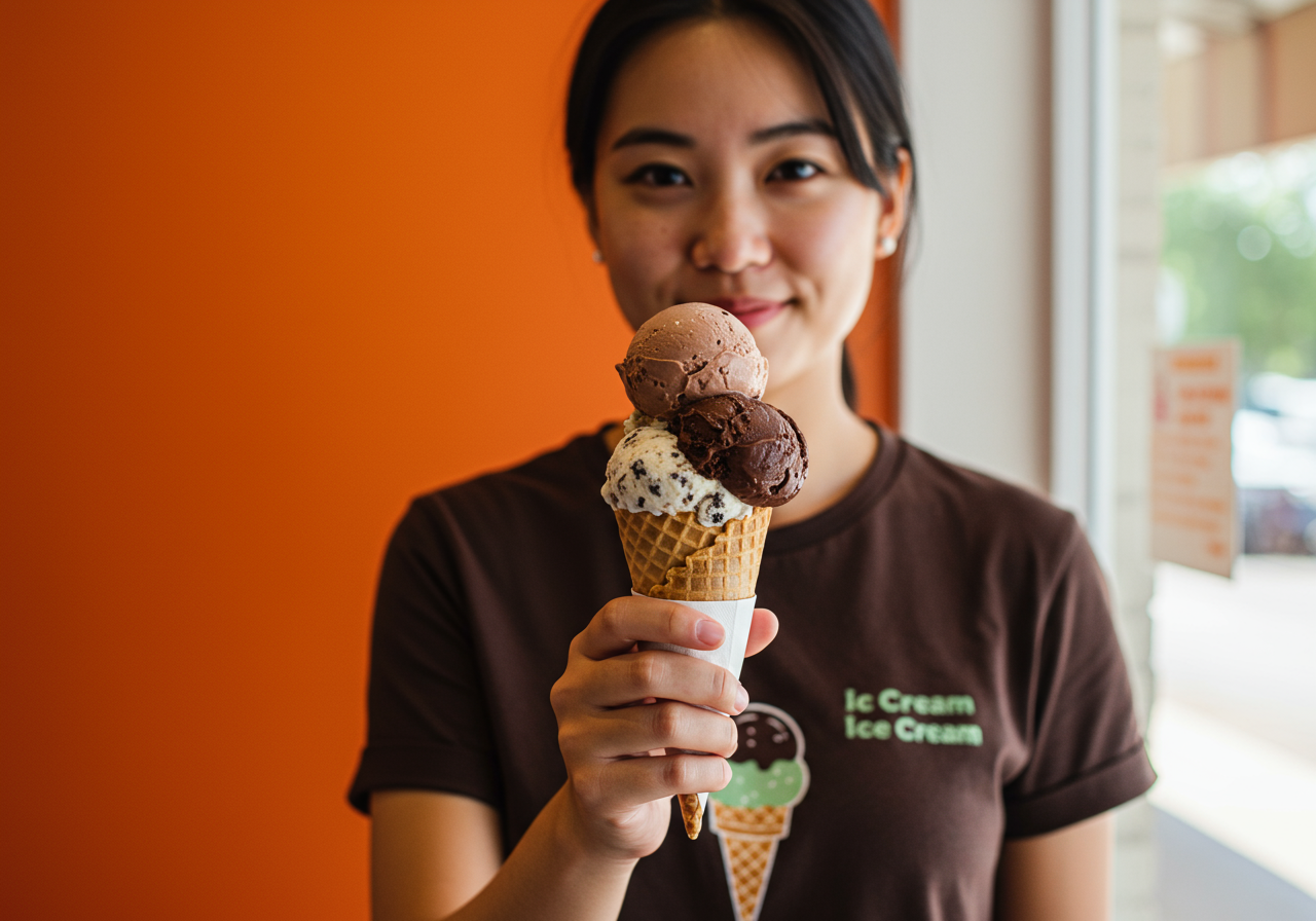 A woman holding an ice cream cone from LA’s Rori’s Artisanal Creamery.