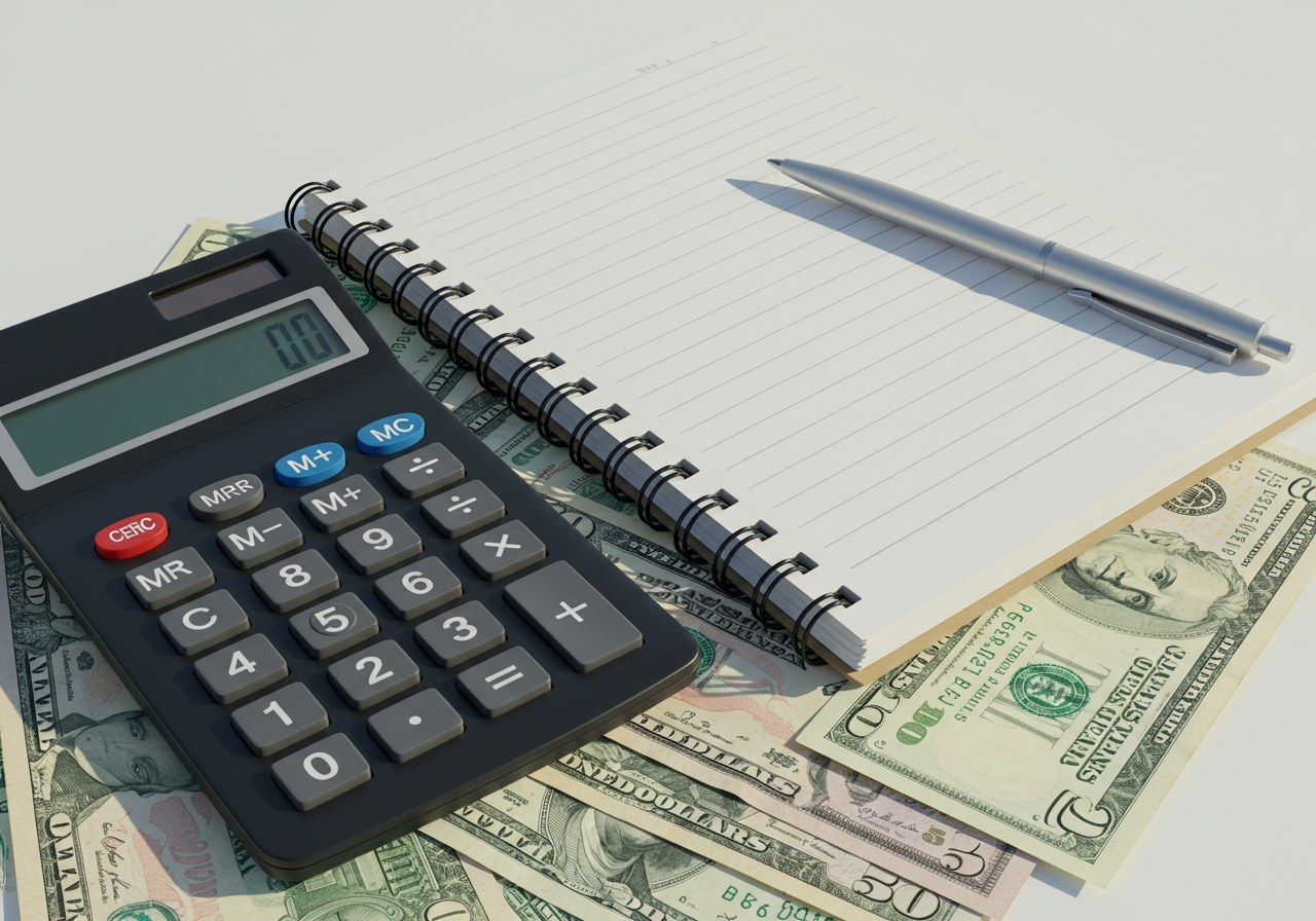 A calculator, a notepad, and money used to create a budget for your home purchase.