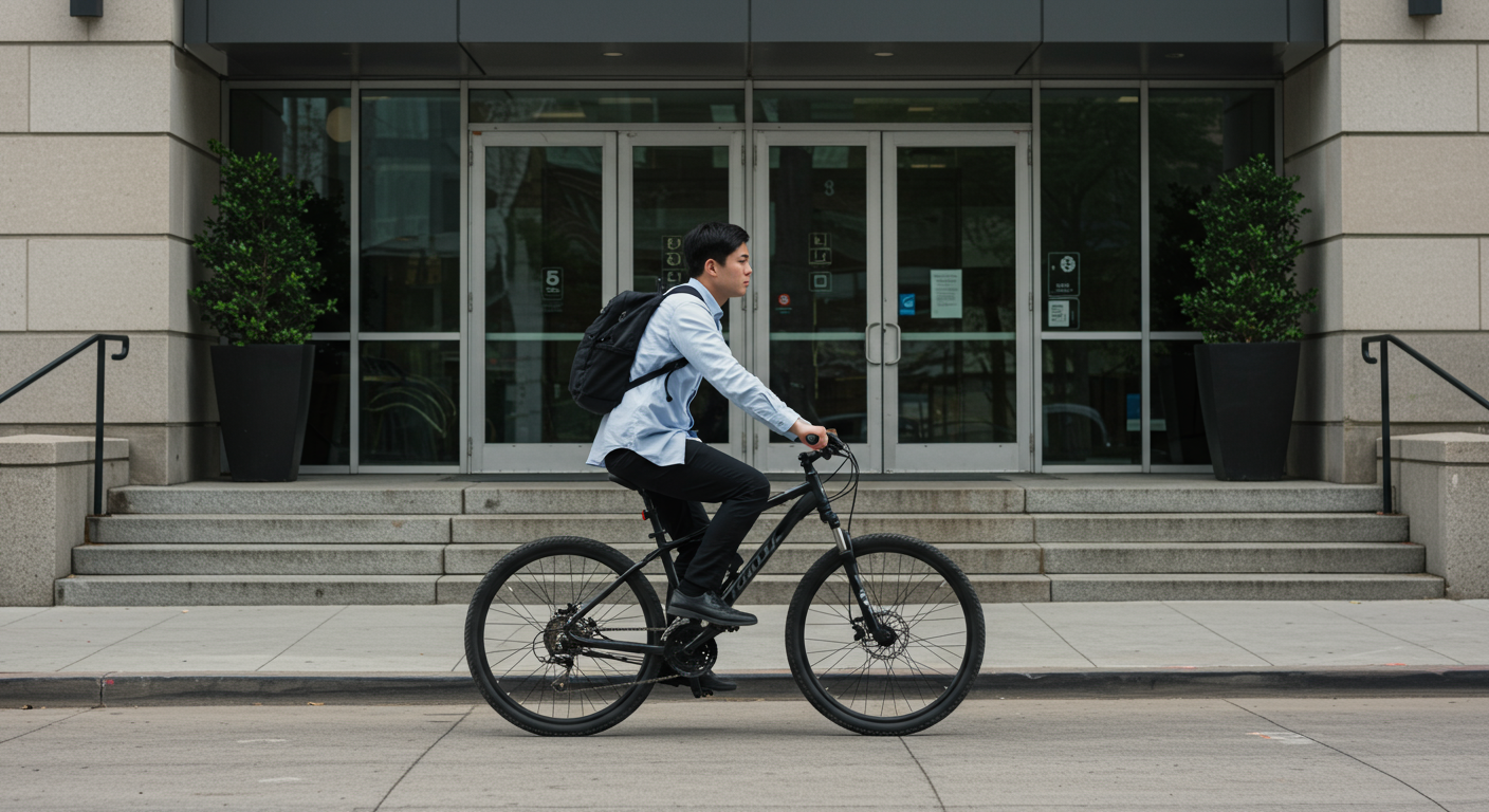 Portrait of a male commuter wearing bike helmet in a town. Safe cycling in city, bicycle co