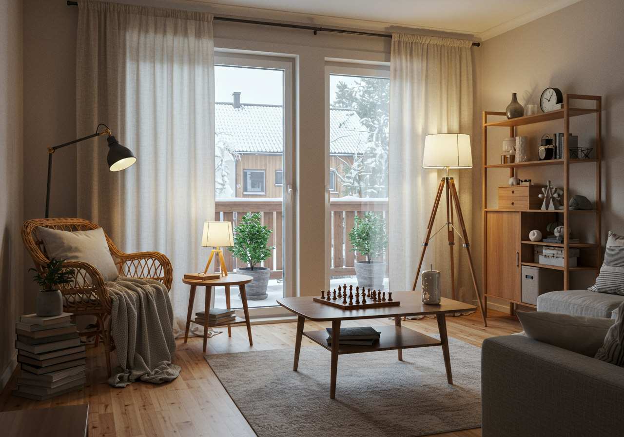 A bedroom with a floor lamp and a lamp on a nightstand.
