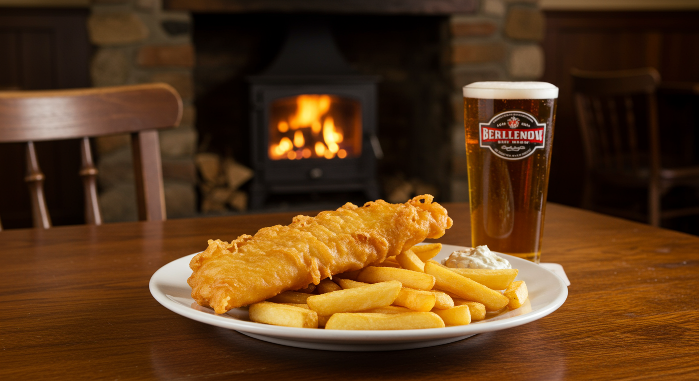 battered and fried fish on a bed of fries.