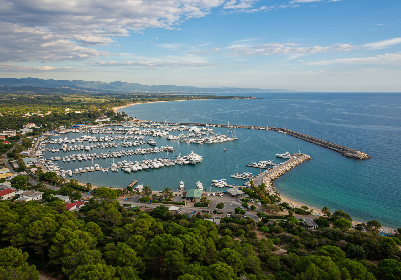 Dana Point Harbor overview with boats docked and surrounding landscape.