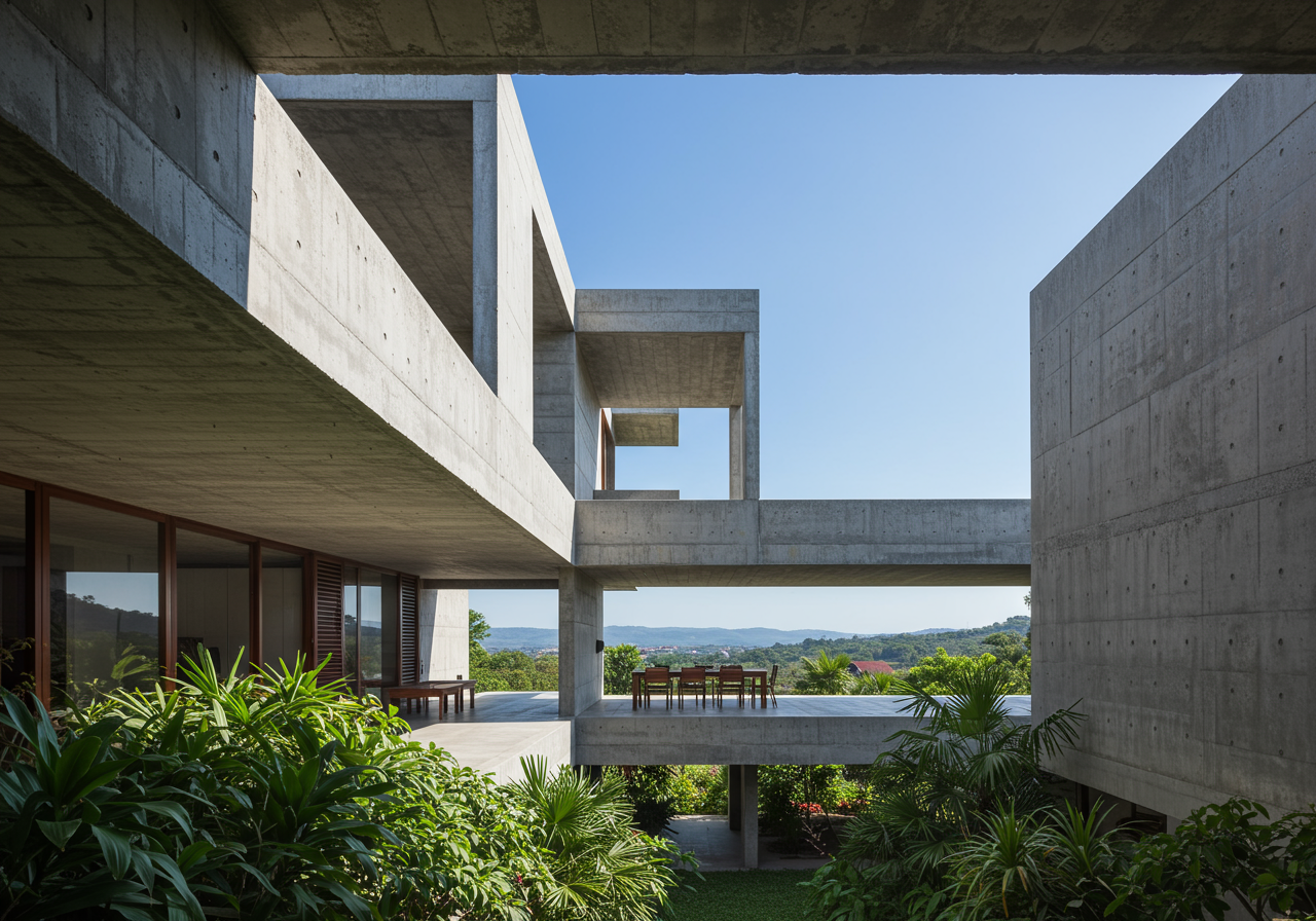 A sundeck with a wooden brisesoleil traverses both sides of the house while shading the communal dining area. Landscape...