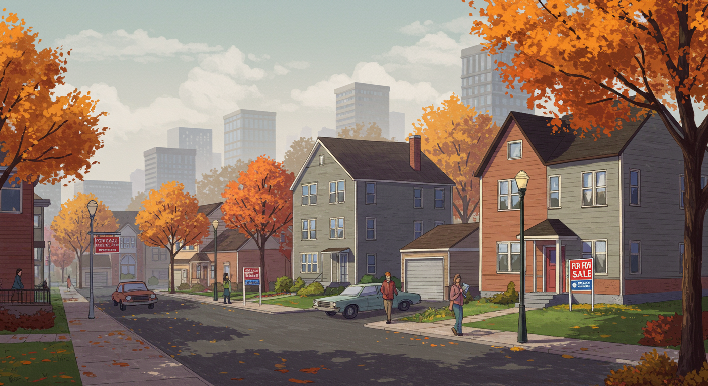 Illustrated residential street with autumn trees, detached houses, and a prominent for-sale sign.