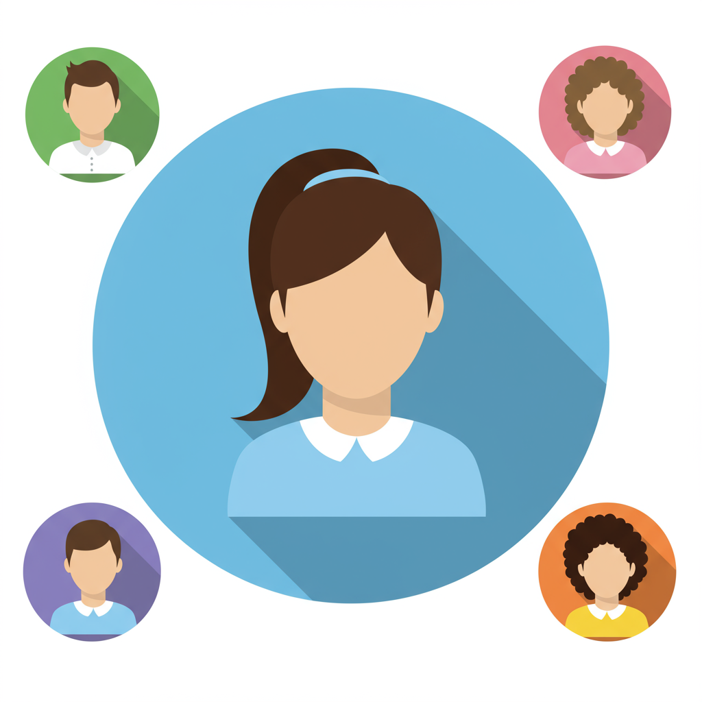 Faceless woman avatar in a blue circle, surrounded by four smaller avatars.