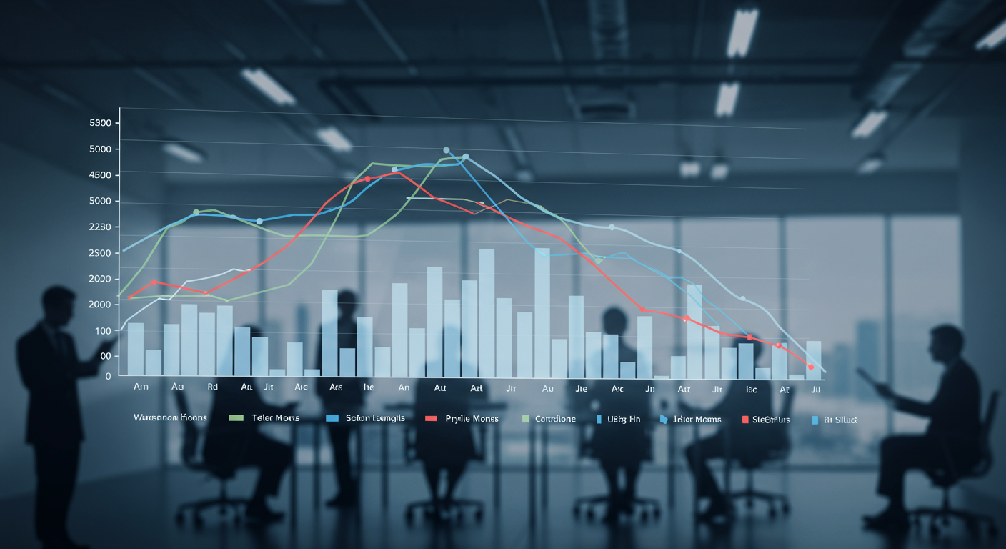 Market chart with colored trend lines and bars over a blurred office meeting.