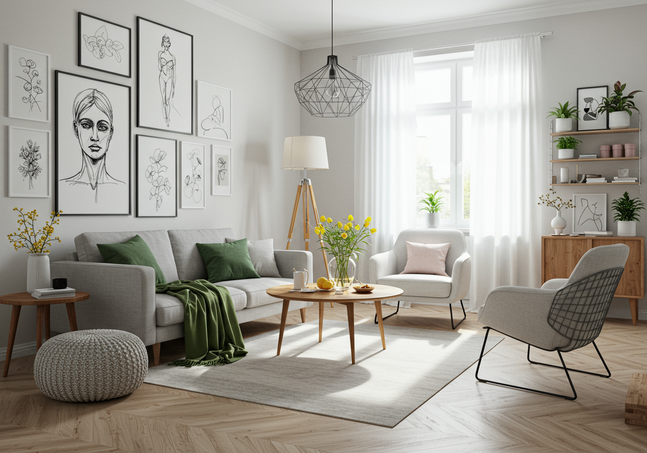 A living room with a gallery wall behind a couch. 